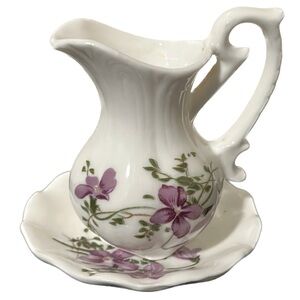 Vintage Mini White With Purple Wildflower Pitcher and  Basin Set